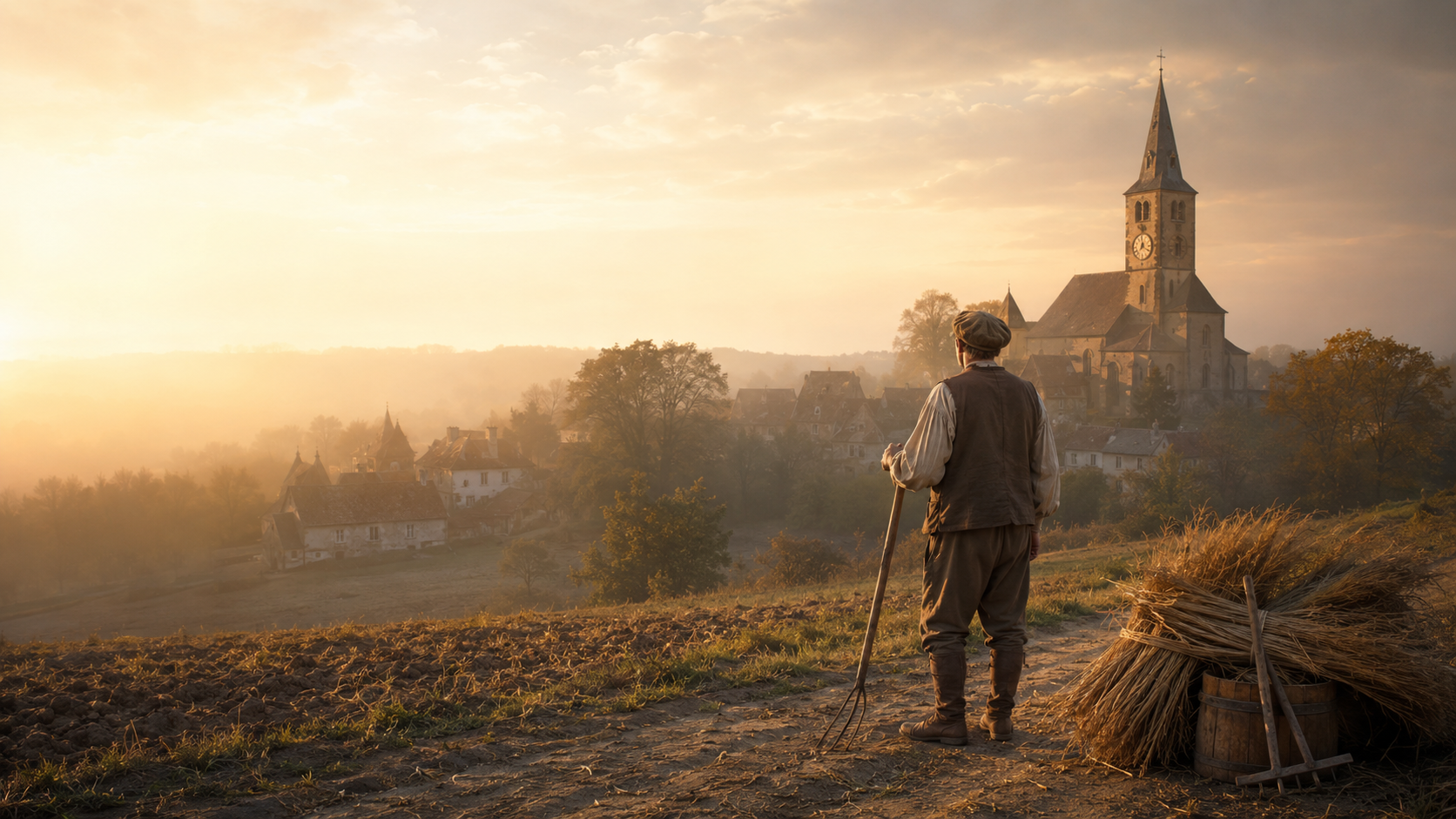 Bauer blickt über ein Dorf auf eine Kirchturmuhr im Abendlicht